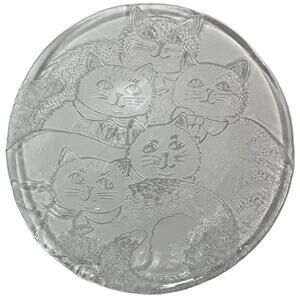 Vintage 80s Cat Serving Tray 12.5" Round Clear Embossed Glass Plate